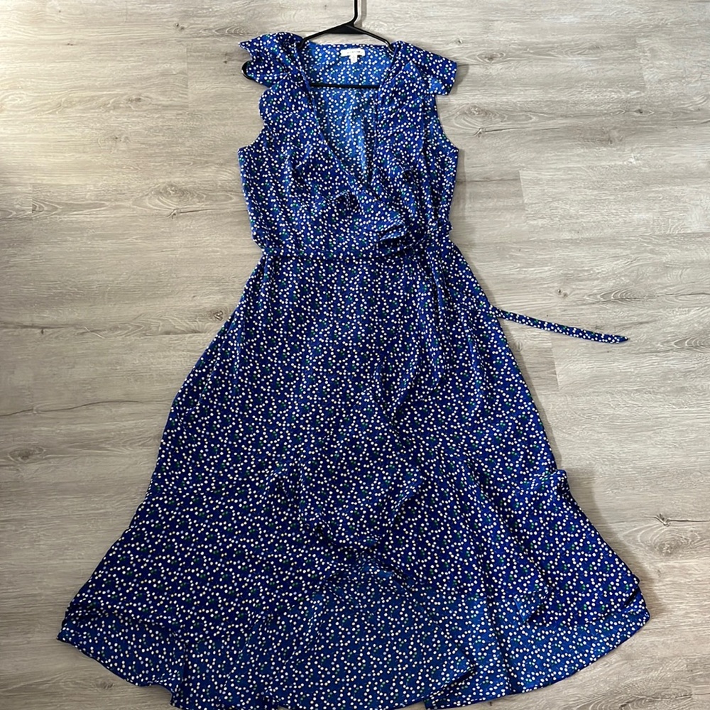 Blue Polka Dot Ruffled Maxi Wrap Dress
